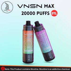 VNSN Max 20000 Puffs disposable vape, perfect for direct-to-lung enthusiasts, highlighting its stylish look and rich liquid flavors.