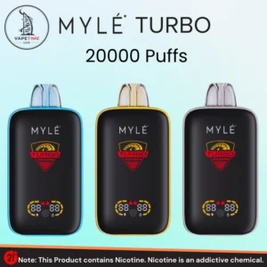 MYLE Turbo 20000 puffs vape device with Type C charging, 850mAh battery, and 18mL e-liquid for an extended vaping experience.