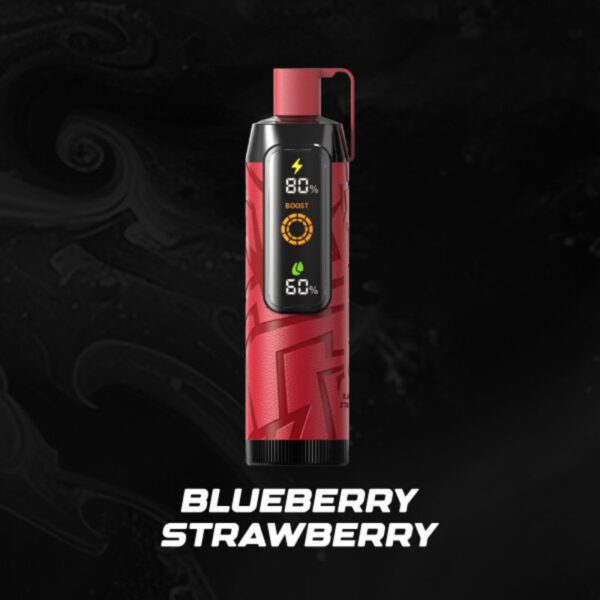 A sleek, cylindrical Nerd Cloud 20000 Puffs vape device in vibrant red with a geometric textured pattern. The digital display shows 80% battery with a lightning bolt icon and 60% with a leaf icon, possibly indicating flavor strength or another measurement. The flavor text "Blueberry Strawberry" is written in bold white below the device. The background is a dark, swirling smoke pattern that emphasizes the device’s bold color.