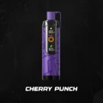 Nerd Cloud 20000 Puffs Vape device comes in a rich purple shade, with the same geometric textured pattern and digital display showing 80% battery and 60% on another gauge. The flavor "Cherry Punch" is written in bold white text below the device. The swirling black and dark background contrasts with the deep purple, giving a modern and premium vibe.