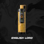 A striking yellow Nerd Cloud 20000 Puffs vape device featuring the familiar digital display, geometric pattern, and cylindrical design. The text "English Lord" is displayed prominently in white below the device. The yellow hue stands out boldly against the dark, smoky backdrop, reinforcing a feeling of uniqueness and luxury.