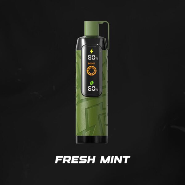 This green-colored Nerd Cloud 20000 Puffs vape device features the same textured geometric design and digital display showing 80% battery and 60% flavor strength. The flavor "Fresh Mint" is written in white beneath the device. The green tone contrasts effectively with the dark background, evoking a refreshing, cool feel that matches the flavor.