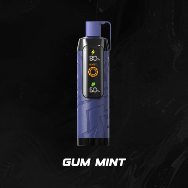 A blue Nerd Cloud 20000 Puffs vape device with the same sleek design and digital display. The text "Gum Mint" is written in white below the device. The blue color contrasts against the dark background, providing a refreshing and modern appearance that complements the mint flavor.