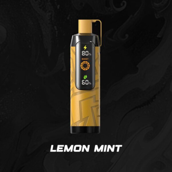 A yellow Nerd Cloud 20000 Puffs vape device with the standard digital display and geometric design, featuring the flavor "Lemon Mint" written below in white. The yellow color stands out vibrantly against the dark background, creating a bright and refreshing aesthetic that aligns with the citrus flavor.