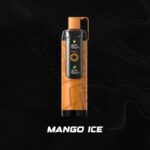 The orange Nerd Cloud 20000 Puffs vape device has a smooth, geometric design and the familiar digital display. The flavor "Mango Ice" is written in bold white beneath the device. The bright orange shade contrasts with the dark, smoky background, evoking a cool, tropical feel suitable for the flavor.