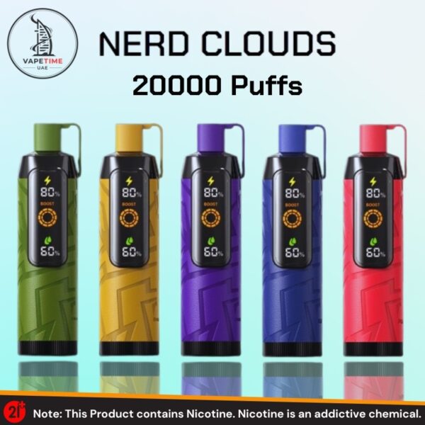 This image showcases a range of Nerd Cloud vaping devices, each labeled with "20000 Puffs" capacity, from VapeTime UAE. The e-cigarettes are displayed in five different colors: green, yellow, purple, blue, and red. Each device has a digital screen displaying a battery level at 80%, a "Boost" function active, and nicotine strength at 50%. They are designed with angular, geometric patterns and come with integrated hanging clips at the top. A cautionary note at the bottom states: "Note: This Product contains Nicotine. Nicotine is an addictive chemical." The background is a simple, light blue gradient, focusing attention on the products.