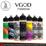 Image of VGOD Freebase E-Liquids 60ml bottles featuring various flavors such as Lush Ice, Purple Bomb, Cubano Black, Sourlicious, and Berry Mango Bomb, displayed by VapeTime UAE.