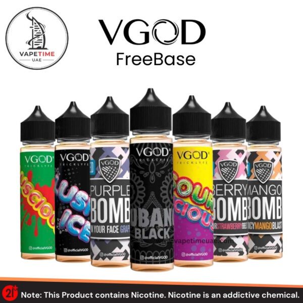 Image of VGOD Freebase E-Liquids 60ml bottles featuring various flavors such as Lush Ice, Purple Bomb, Cubano Black, Sourlicious, and Berry Mango Bomb, displayed by VapeTime UAE.