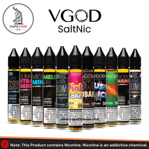 The image shows a lineup of VGOD SaltNic e-liquids in various flavors, including "Mango Bomb," "Pink Cake," and "Lush Ice," with sleek black caps and colorful labels. The VapeTime UAE logo is at the top left, and a nicotine warning is displayed at the bottom, stating "This Product contains Nicotine. Nicotine is an addictive chemical.