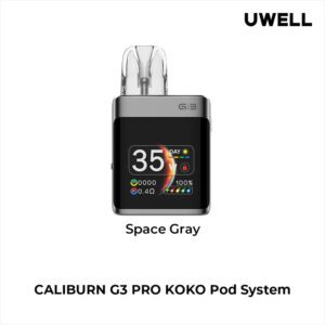 Uwell Caliburn G3 Pro Koko Pod System in Space Gray, featuring a clear pod, bright display with settings, and 'Uwell' branding at the top.