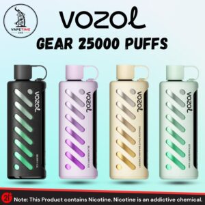 Four Vozol Gear Shisha 25000 Puffs devices are elegantly displayed against a light background. Each device flaunts its own vibrant hue: black, purple, yellow, and mint green. Text proudly highlights their impressive capability of delivering 25,000 puffs.