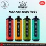 Four Al Fakher Crown Bar Mega max 40000 Puffs DTL disposable vapes in red, orange, green, and teal colors featuring geometric diamond pattern design and triple LED display screen, available at Vape Time UAE in Dubai