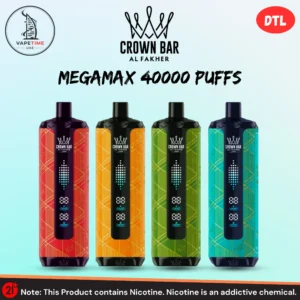 Four Al Fakher Crown Bar Mega max 40000 Puffs DTL disposable vapes in red, orange, green, and teal colors featuring geometric diamond pattern design and triple LED display screen, available at Vape Time UAE in Dubai