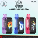 Three Al Fakher Crown Bar 40000 Puffs Ultra disposable vapes in purple, blue, and red designs featuring astronaut artwork, showing Peach Ice, Blue Razz Lemonade, and Two Apple flavors, MTL/DTL vaping style, available at Vape Time UAE in Dubai