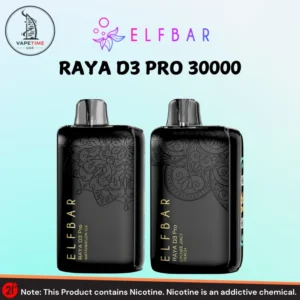 Two Elf Bar Raya D3 Pro 30000 Puffs disposable vapes in premium black finish with intricate floral mandala design, showing Watermelon Ice and Peach flavors, available at Vape Time UAE in Dubai