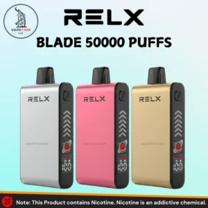 Three RELX Blade 50000 Puffs disposable vapes in silver, pink, and gold metallic finishes featuring arrow design, built-in LED display screen, and side button, available at Vape Time UAE in Dubai