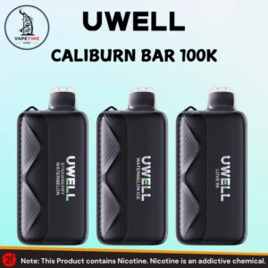 Three UWELL Caliburn Bar 100K disposable vapes in black carbon fiber design showing Strawberry Watermelon, Watermelon Ice, and Love 66 flavors, available at Vape Time UAE in Dubai