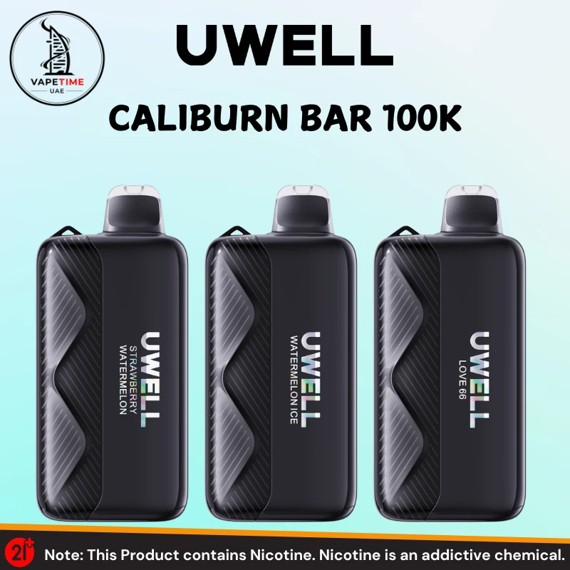 Three UWELL Caliburn Bar 100K disposable vapes in black carbon fiber design showing Strawberry Watermelon, Watermelon Ice, and Love 66 flavors, available at Vape Time UAE in Dubai
