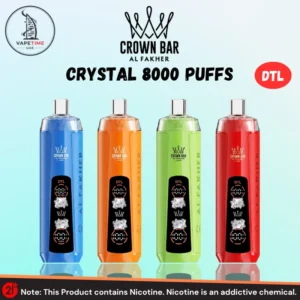 Al Fakher Crown Bar Crystal 8000 Puffs disposable vapes displayed side by side in blue, orange, green, and red colors, featuring a DTL dual-mode screen on each device.