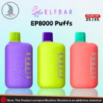 Elf Bar EP 8000 Puffs disposable vape 8000 puffs available in Dubai in 2% and 5% nicotine, showing three flavor variants — Blue Razz Ice in purple, Kiwi Passion Fruit Guava in yellow-green, and Watermelon Ice in coral pink — with geometric patterned devices on a light blue background, sold by Vape Time UAE.