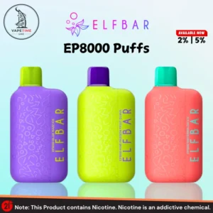 Elf Bar EP 8000 Puffs disposable vape 8000 puffs available in Dubai in 2% and 5% nicotine, showing three flavor variants — Blue Razz Ice in purple, Kiwi Passion Fruit Guava in yellow-green, and Watermelon Ice in coral pink — with geometric patterned devices on a light blue background, sold by Vape Time UAE.
