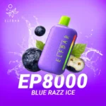 Elf Bar EP 8000 Puffs disposable vape in Blue Razz Ice flavor, purple rounded device with a lime green mouthpiece and rainbow LED strip, surrounded by fresh blueberries, razz fruit, and green leaves with a water splash effect on a vibrant purple gradient background.