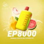 Elf Bar EP 8000 Puffs disposable vape in Mango Peach Watermelon flavor, bright yellow rounded device with a red mouthpiece and rainbow LED strip, surrounded by fresh mango slices, peach wedge, and watermelon with a water splash effect on a yellow gradient background.