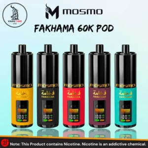 Mosmo Fakhama 60000 Puffs 35ml Pod available in Dubai, showcasing five color variants — yellow, burgundy, red, purple, and teal — each with a black cylindrical body, digital LED display screen, ECO and Boost mode indicators, Arabic Fakhama calligraphy, and gold Mosmo branding, sold by Vape Time UAE.