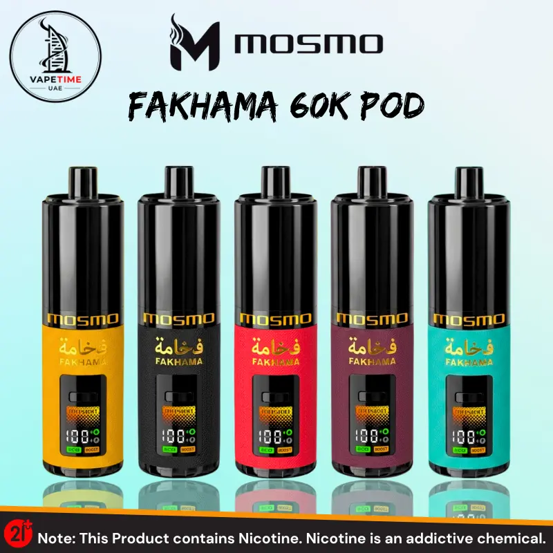 Mosmo Fakhama 60000 Puffs 35ml Pod in Dubai Mosmo Fakhama 60000 Puffs 35ml Pod available in Dubai, showcasing five color variants — yellow, burgundy, red, purple, and teal — each with a black cylindrical body, digital LED display screen, ECO and Boost mode indicators, Arabic Fakhama calligraphy, and gold Mosmo branding, sold by Vape Time UAE.