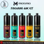 Mosmo Fakhama 60000 Puffs 3mg 950mAh 35ml Kit disposable vape available in Dubai, displaying five color variants — burgundy, teal, red, yellow, and black — each featuring a digital display screen, ECO and Boost modes, Arabic Fakhama branding, and a black cylindrical body with gold accents, sold by Vape Time UAE
