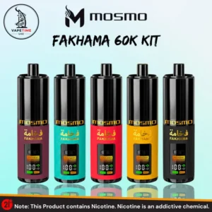 Mosmo Fakhama 60000 Puffs 3mg 950mAh 35ml Kit disposable vape available in Dubai, displaying five color variants — burgundy, teal, red, yellow, and black — each featuring a digital display screen, ECO and Boost modes, Arabic Fakhama branding, and a black cylindrical body with gold accents, sold by Vape Time UAE