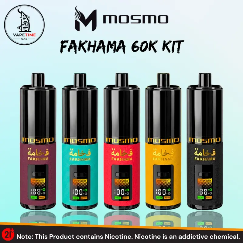 Mosmo Fakhama 60000 Puffs 3mg 950mAh 35ml Kit disposable vape available in Dubai, displaying five color variants &mdash; burgundy, teal, red, yellow, and black &mdash; each featuring a digital display screen, ECO and Boost modes, Arabic Fakhama branding, and a black cylindrical body with gold accents, sold by Vape Time UAE
