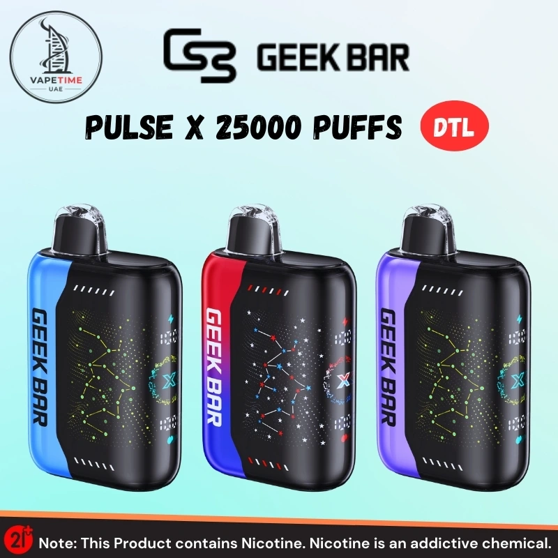 Geek Bar Pulse X 25000 Puffs displayed, showcasing its modern look and capacity for 25000 puffs, perfect for long-lasting enjoyment.