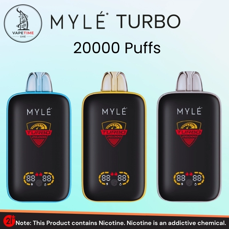 MYLE Turbo 20000 Puffs MYLE Turbo 20000 puffs vape device with Type C charging, 850mAh battery, and 18mL e-liquid for an extended vaping experience.