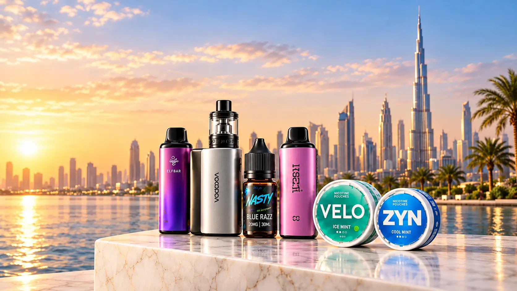 Vape products with the Dubai skyline
